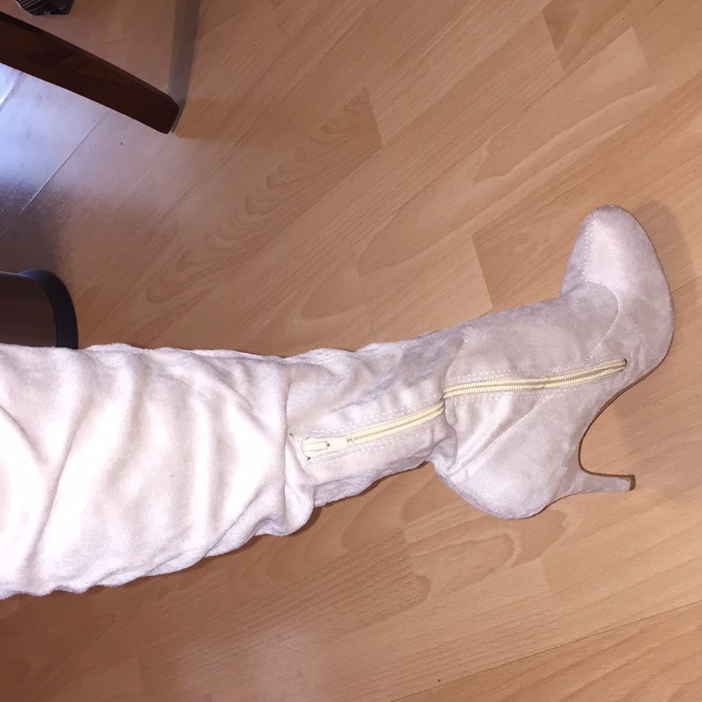 Beige suede thigh high boots